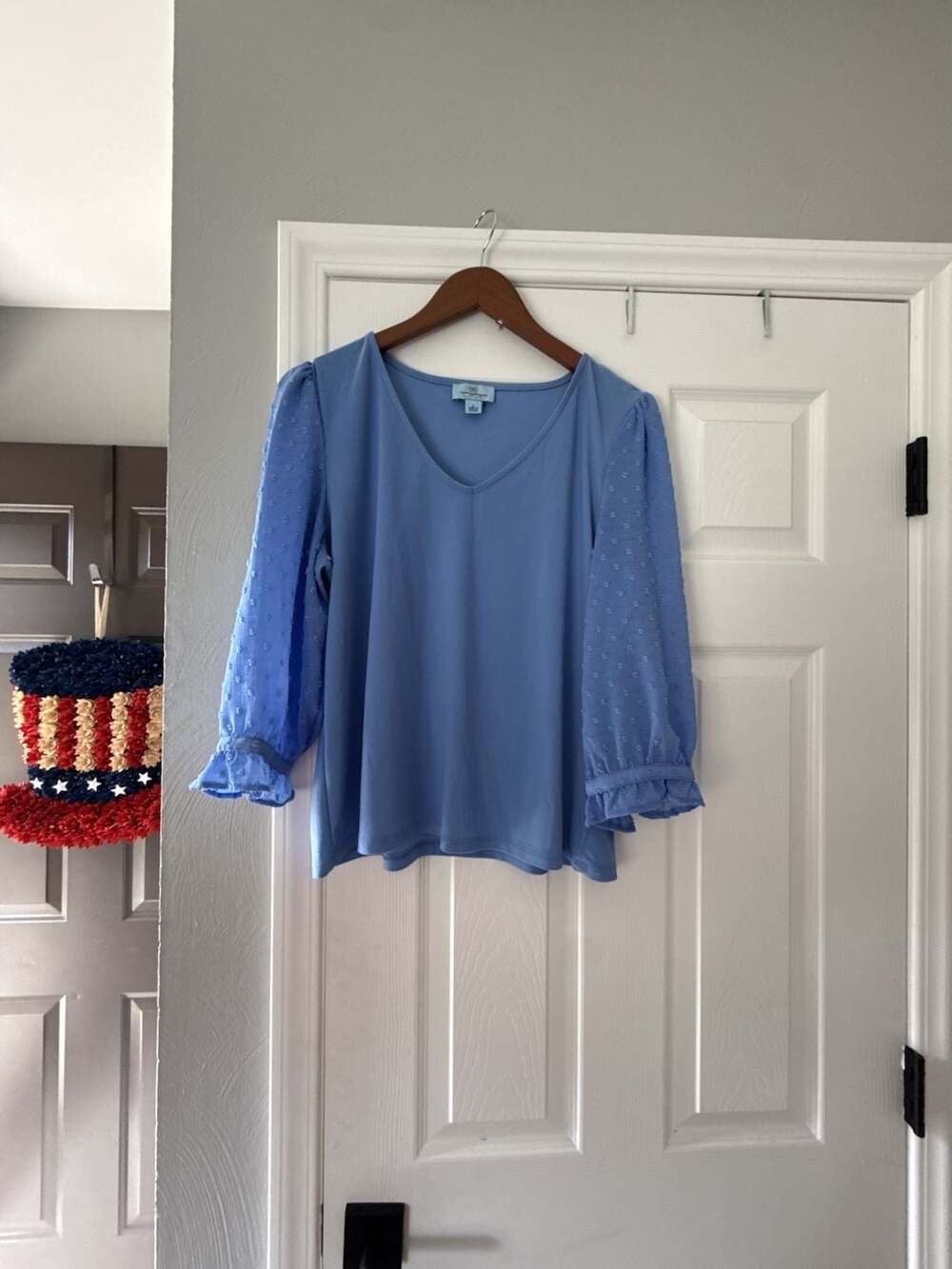 CeCe Blue V-Neck Swiss Dot Long Sleeve Blouse Size L